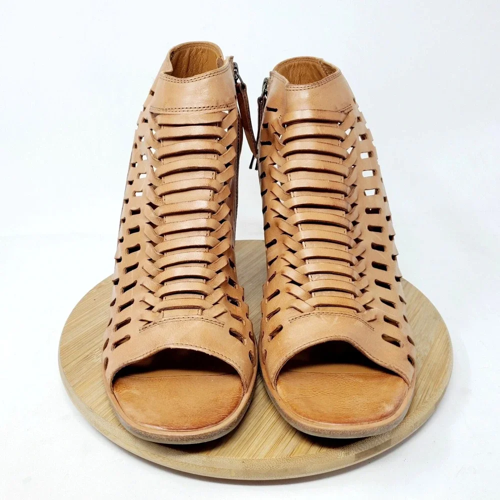 Paul Green Rosa Ankle Booties Womens 10.5 Brown Leather Woven Open Back Shoes‎